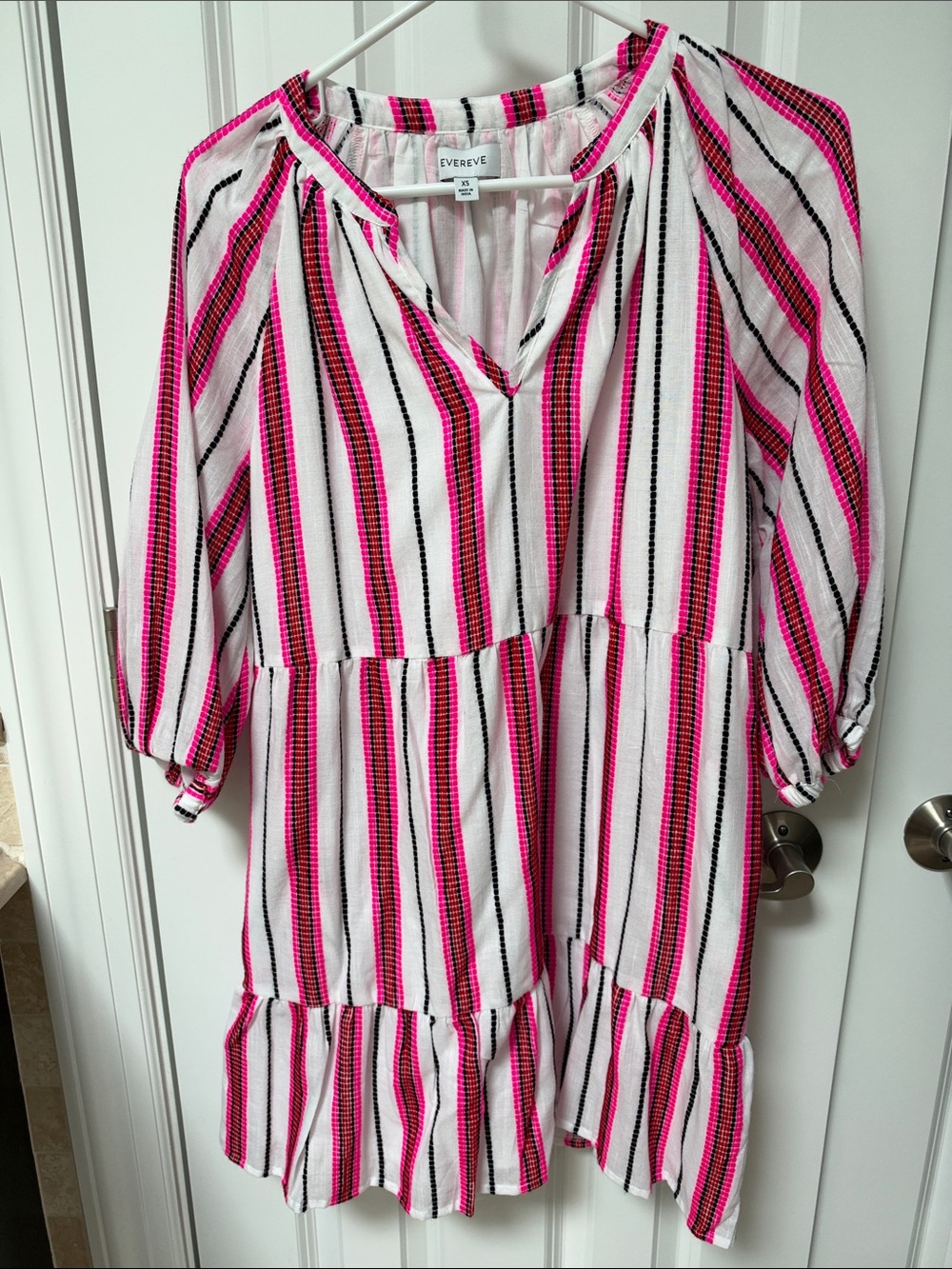 Evereve White Pink Black Striped Tiered Mini Dress